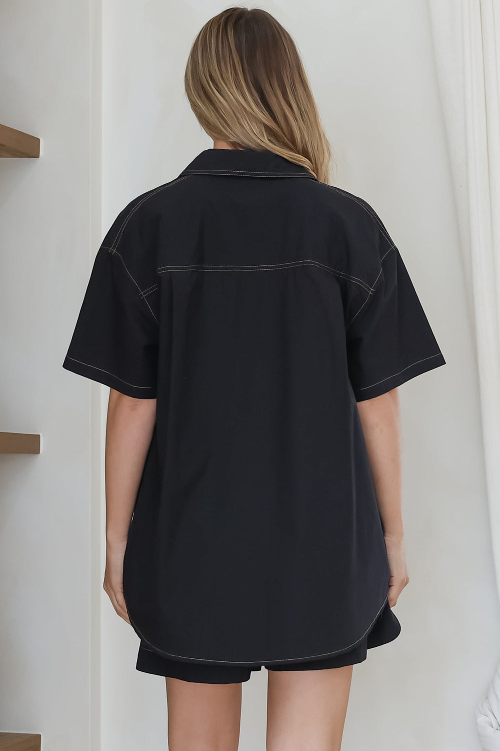Steele Shirt - Collared Button Down Shirt with Contrast Stitching in Black