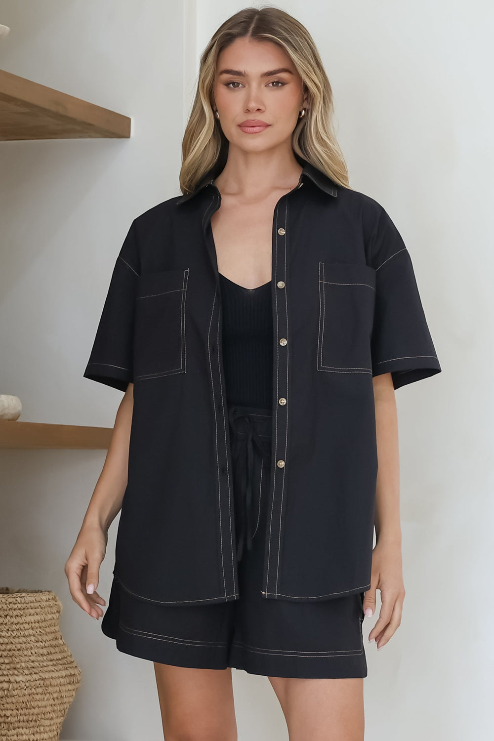 Steele Shirt - Collared Button Down Shirt with Contrast Stitching in Black