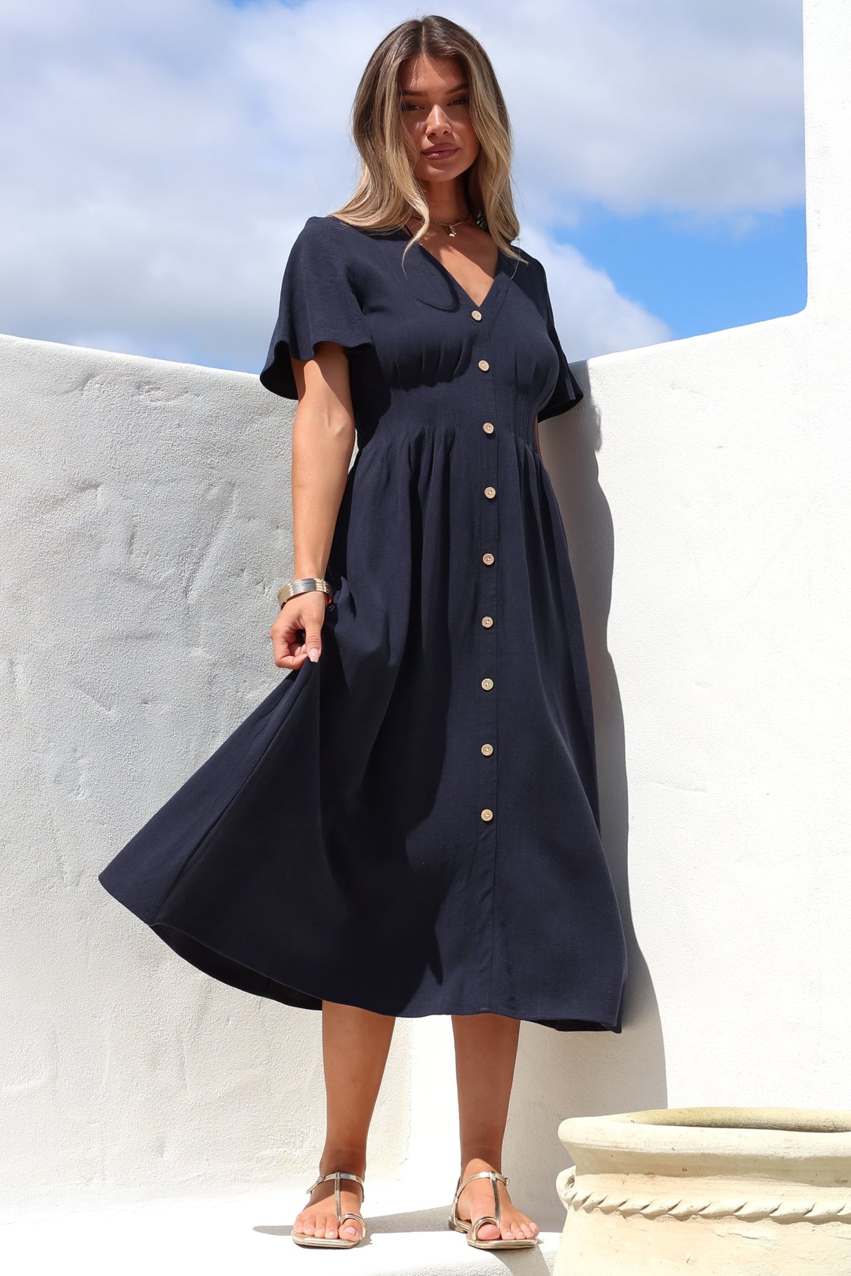 Stellar Midi Dress - Flutter Sleeve A-Line Dress with Pin Tuck Waist Detail in Navy