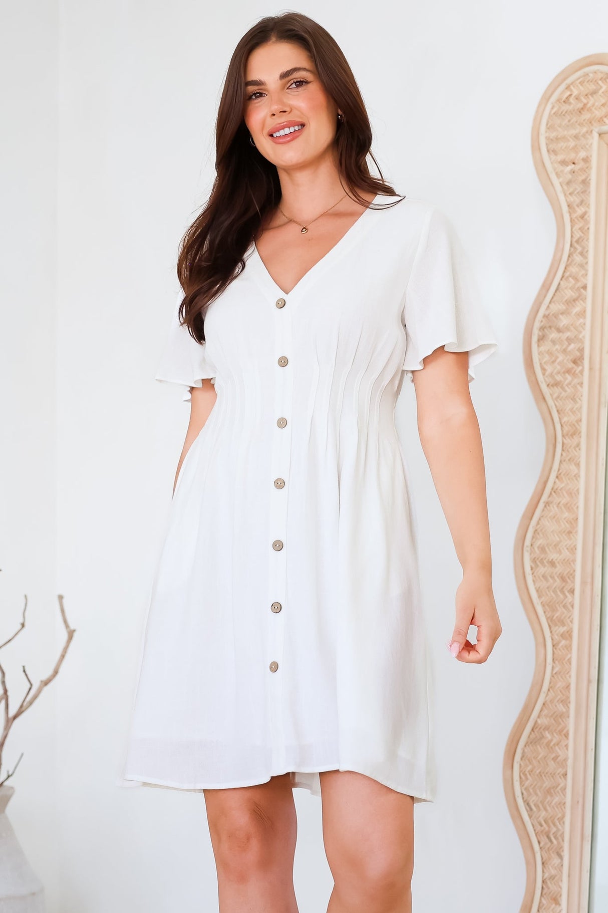 Stellar Mini Dress - Flutter Sleeve A-Line Dress with Pin Tuck Waist Detail in White