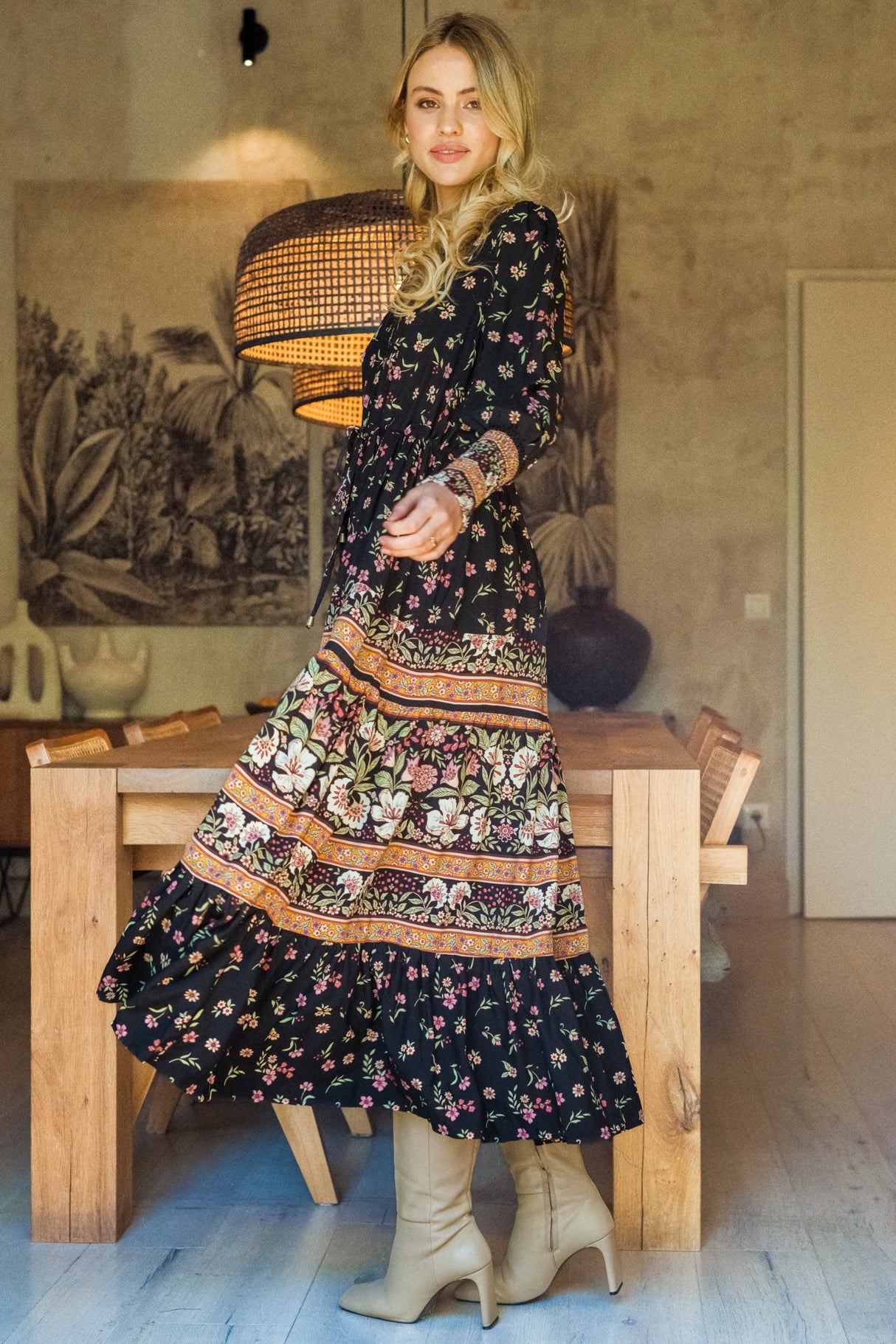 JAASE - Stephanie Maxi Dress: V-Neck Buttoned Down Dress with Pull Tie Waist in Eternity Print