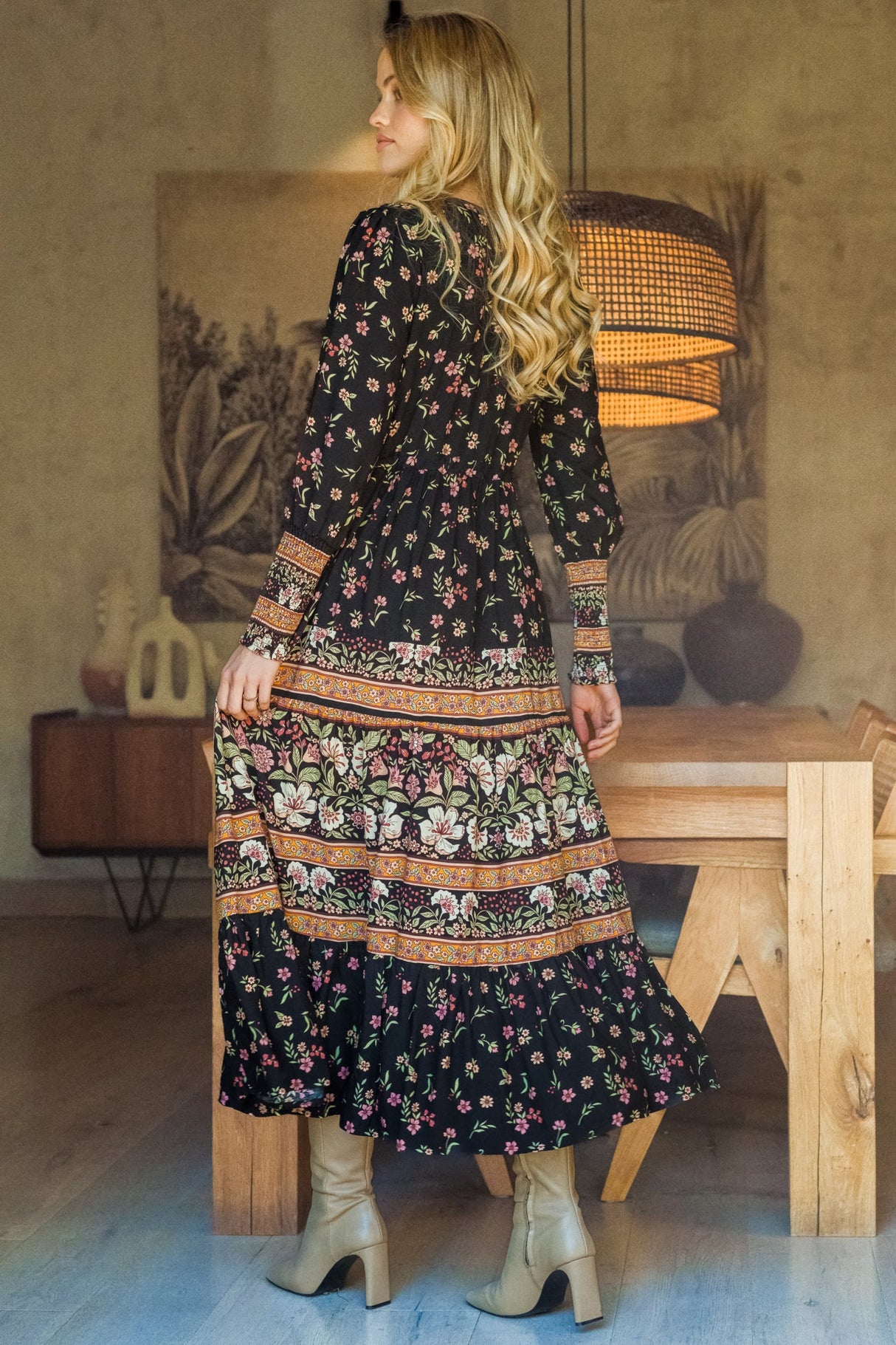 JAASE - Stephanie Maxi Dress: V-Neck Buttoned Down Dress with Pull Tie Waist in Eternity Print