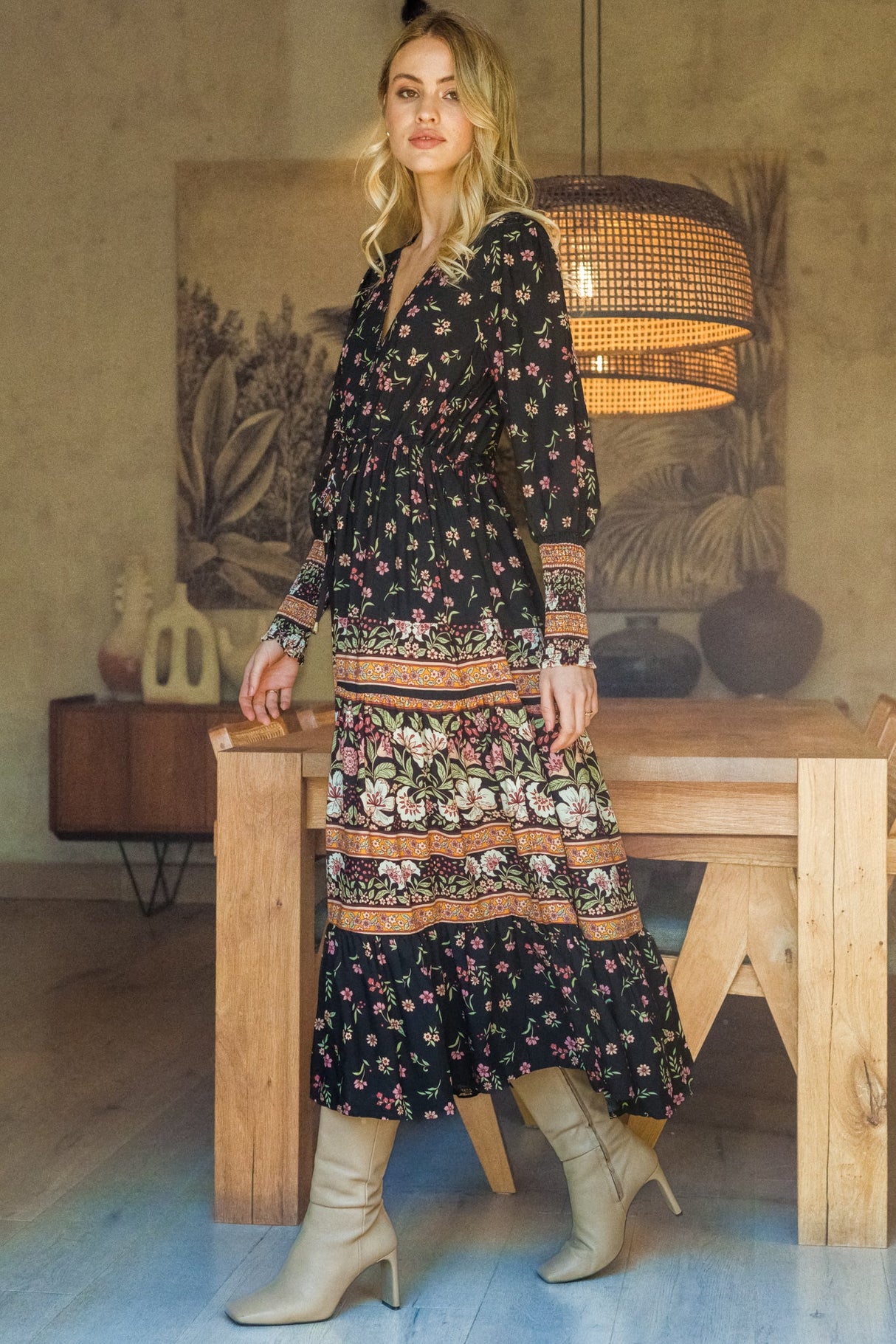 JAASE - Stephanie Maxi Dress: V-Neck Buttoned Down Dress with Pull Tie Waist in Eternity Print