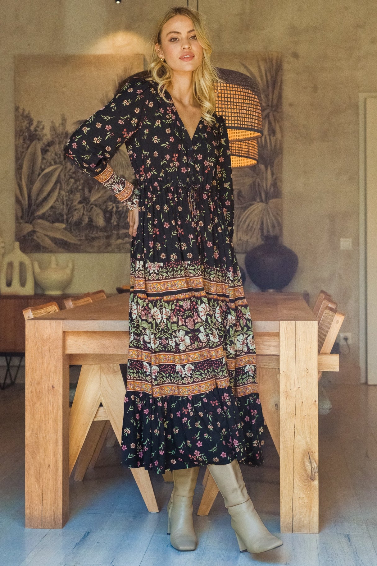 JAASE - Stephanie Maxi Dress: V-Neck Buttoned Down Dress with Pull Tie Waist in Eternity Print