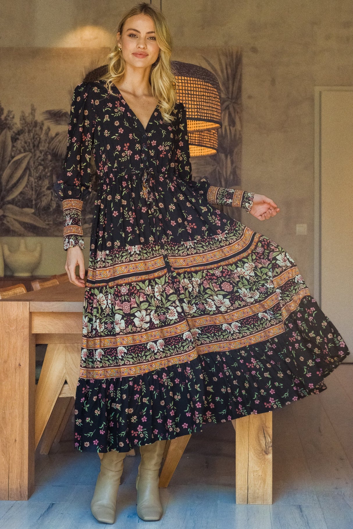 JAASE - Stephanie Maxi Dress: V-Neck Buttoned Down Dress with Pull Tie Waist in Eternity Print