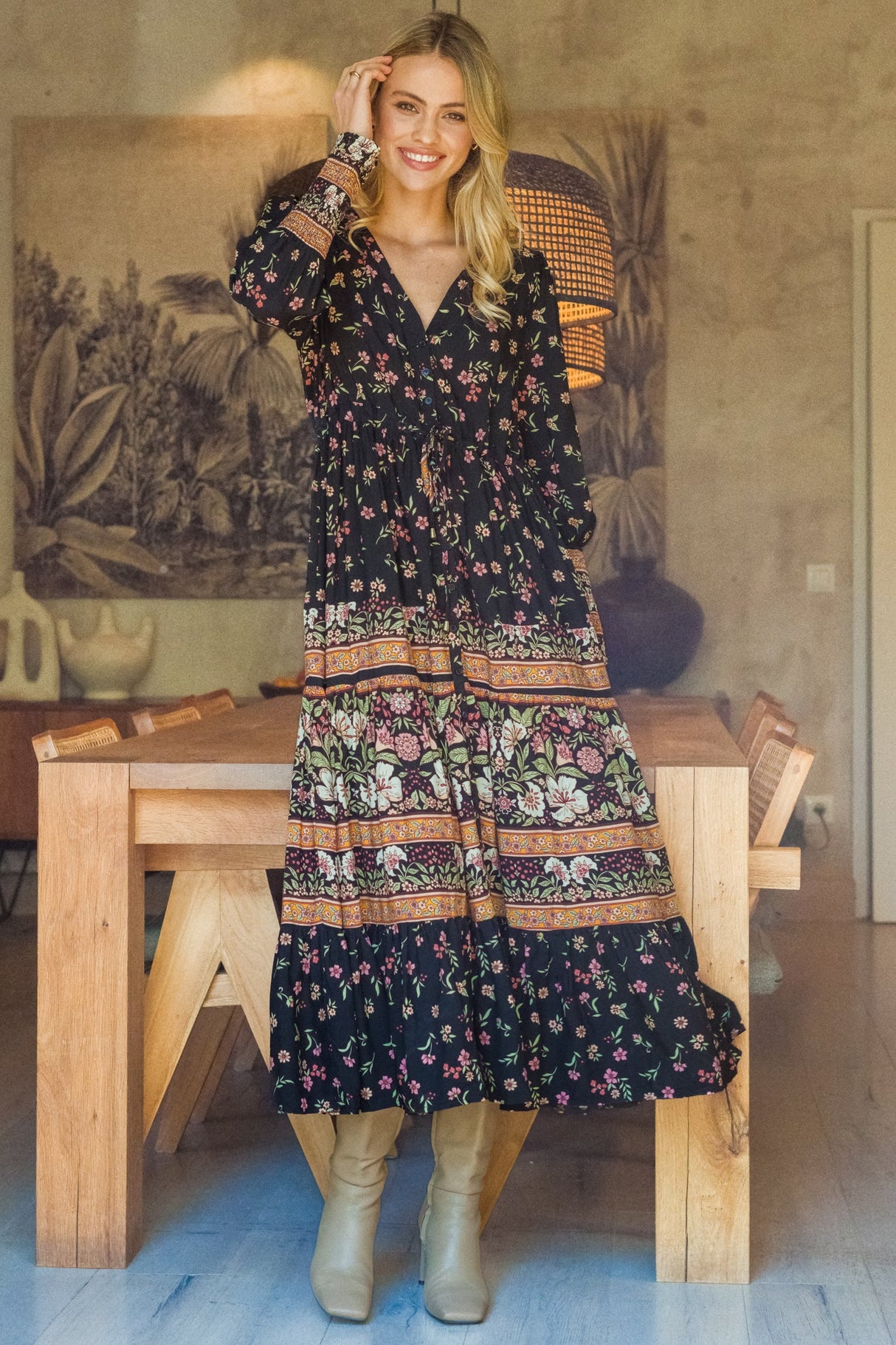 JAASE - Stephanie Maxi Dress: V-Neck Buttoned Down Dress with Pull Tie Waist in Eternity Print