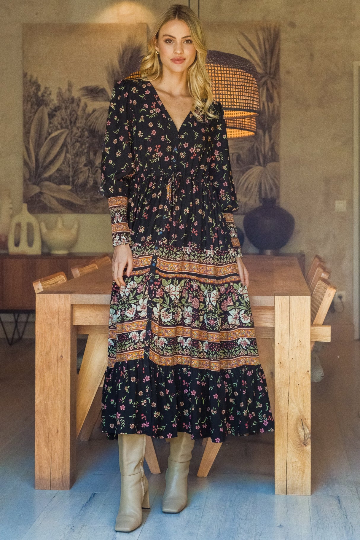 JAASE - Stephanie Maxi Dress: V-Neck Buttoned Down Dress with Pull Tie Waist in Eternity Print