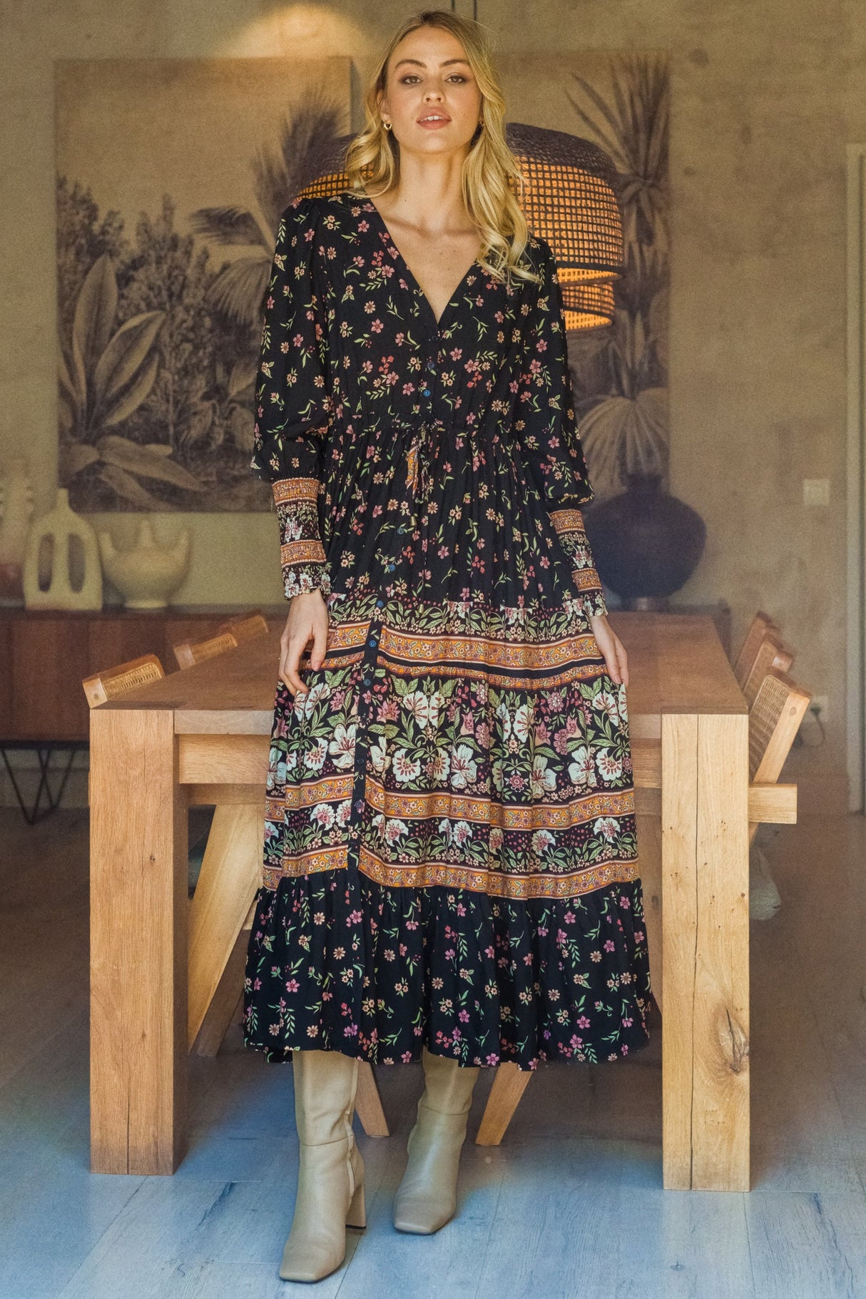 JAASE - Stephanie Maxi Dress: V-Neck Buttoned Down Dress with Pull Tie Waist in Eternity Print