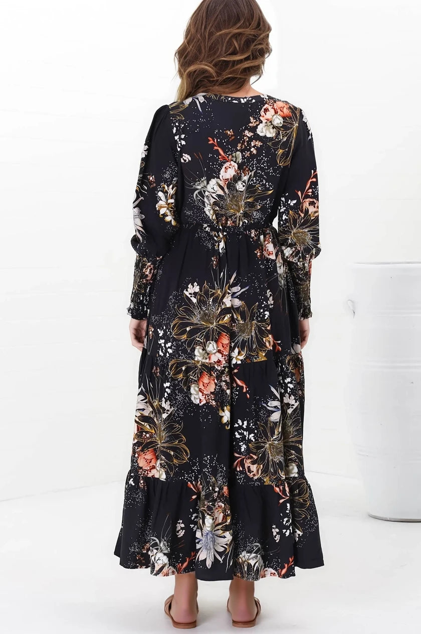 JAASE - Stephanie Maxi Dress: V-Neck Buttoned Down Dress with Pull Tie Waist in Indigo Print