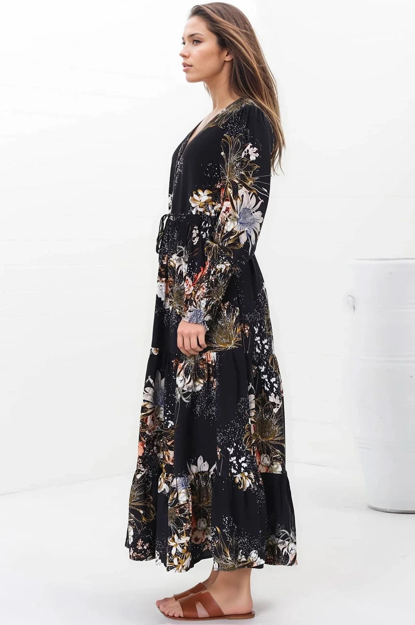 JAASE - Stephanie Maxi Dress: V-Neck Buttoned Down Dress with Pull Tie Waist in Indigo Print