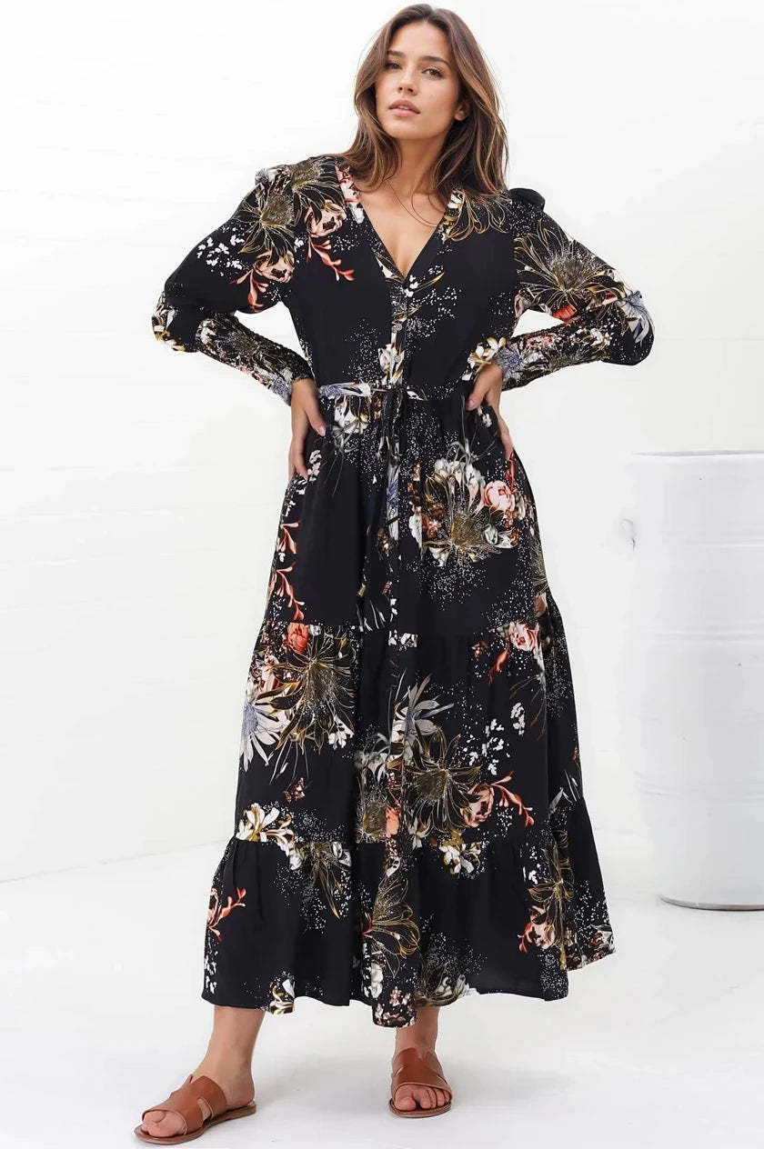 JAASE - Stephanie Maxi Dress: V-Neck Buttoned Down Dress with Pull Tie Waist in Indigo Print