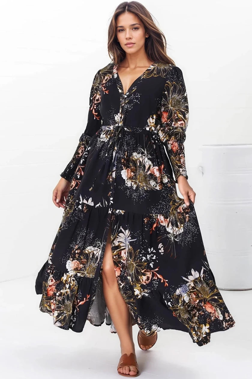 JAASE - Stephanie Maxi Dress: V-Neck Buttoned Down Dress with Pull Tie Waist in Indigo Print