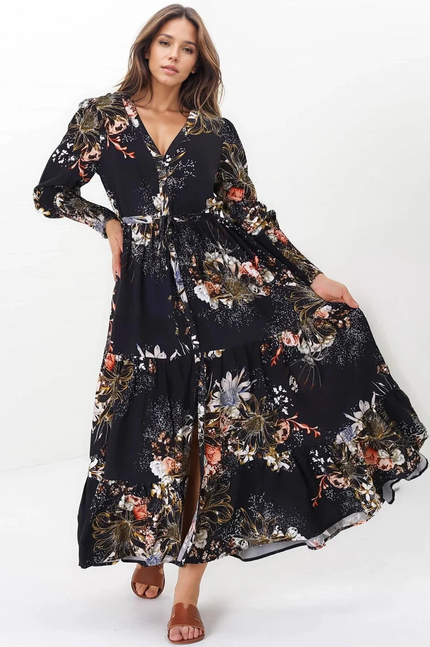 JAASE - Stephanie Maxi Dress: V-Neck Buttoned Down Dress with Pull Tie Waist in Indigo Print