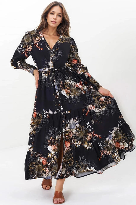 JAASE - Stephanie Maxi Dress: V-Neck Buttoned Down Dress with Pull Tie Waist in Indigo Print
