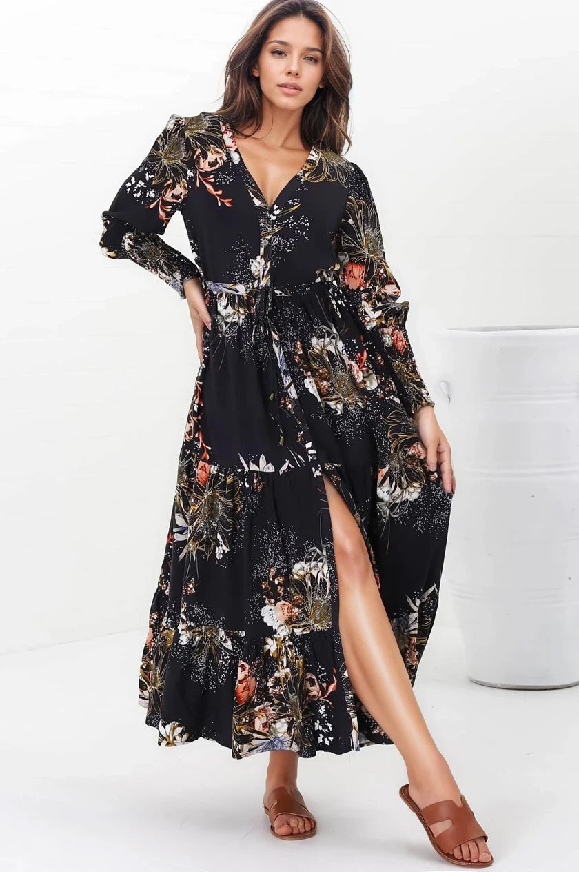 JAASE - Stephanie Maxi Dress: V-Neck Buttoned Down Dress with Pull Tie Waist in Indigo Print