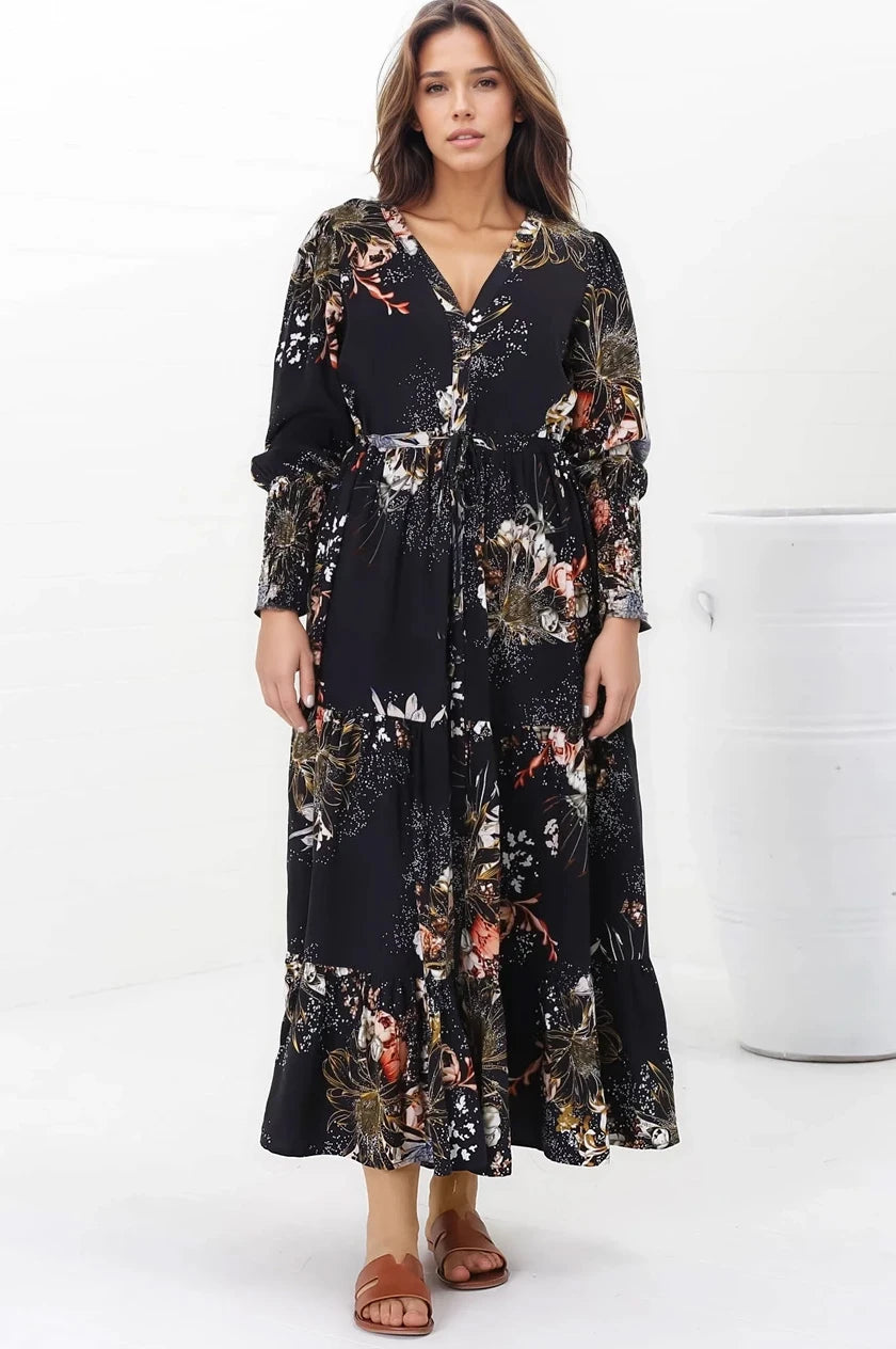JAASE - Stephanie Maxi Dress: V-Neck Buttoned Down Dress with Pull Tie Waist in Indigo Print