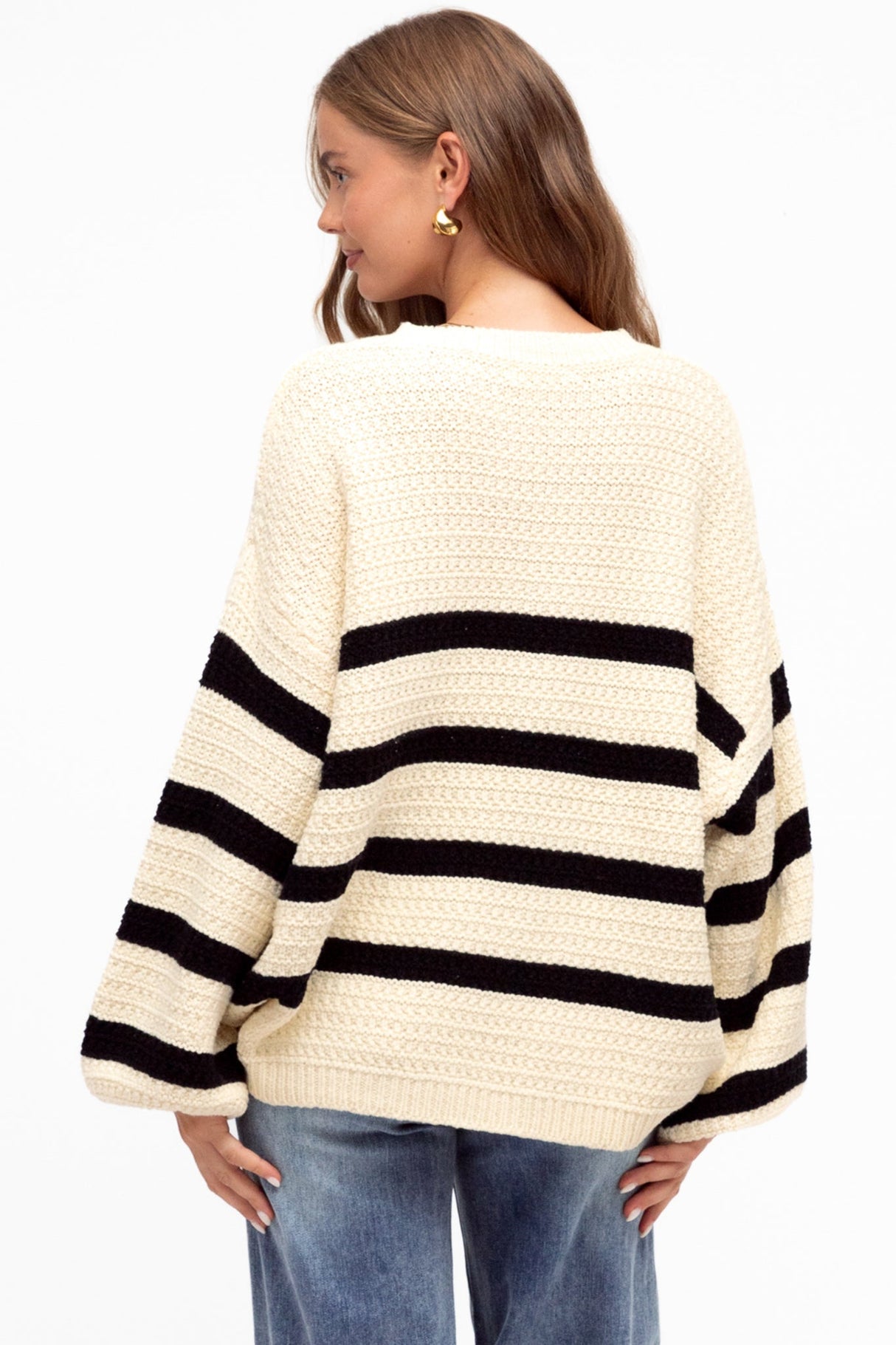 Sterling Jumper - Crew Neck Stripe Cotton Jumper in Ivory/Black