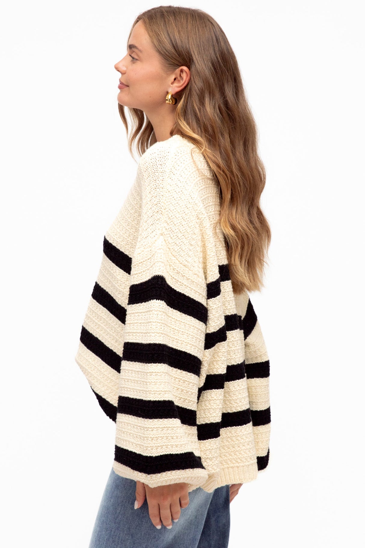 Sterling Jumper - Crew Neck Stripe Cotton Jumper in Ivory/Black