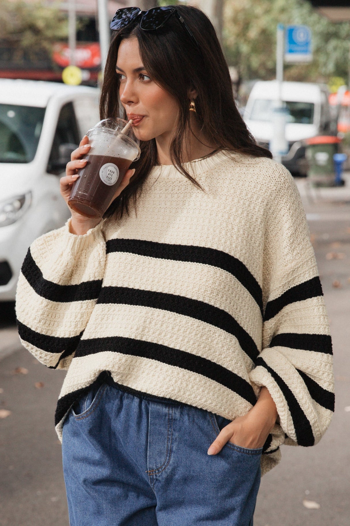 Sterling Jumper - Crew Neck Stripe Cotton Jumper in Ivory/Black