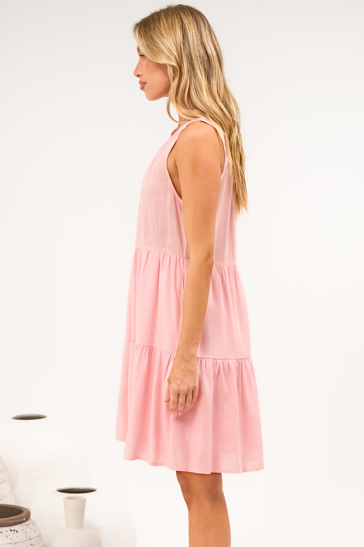Stevie Mini Dress - Scoop Neck Tiered Sleeveless Dress with Pockets in Pink