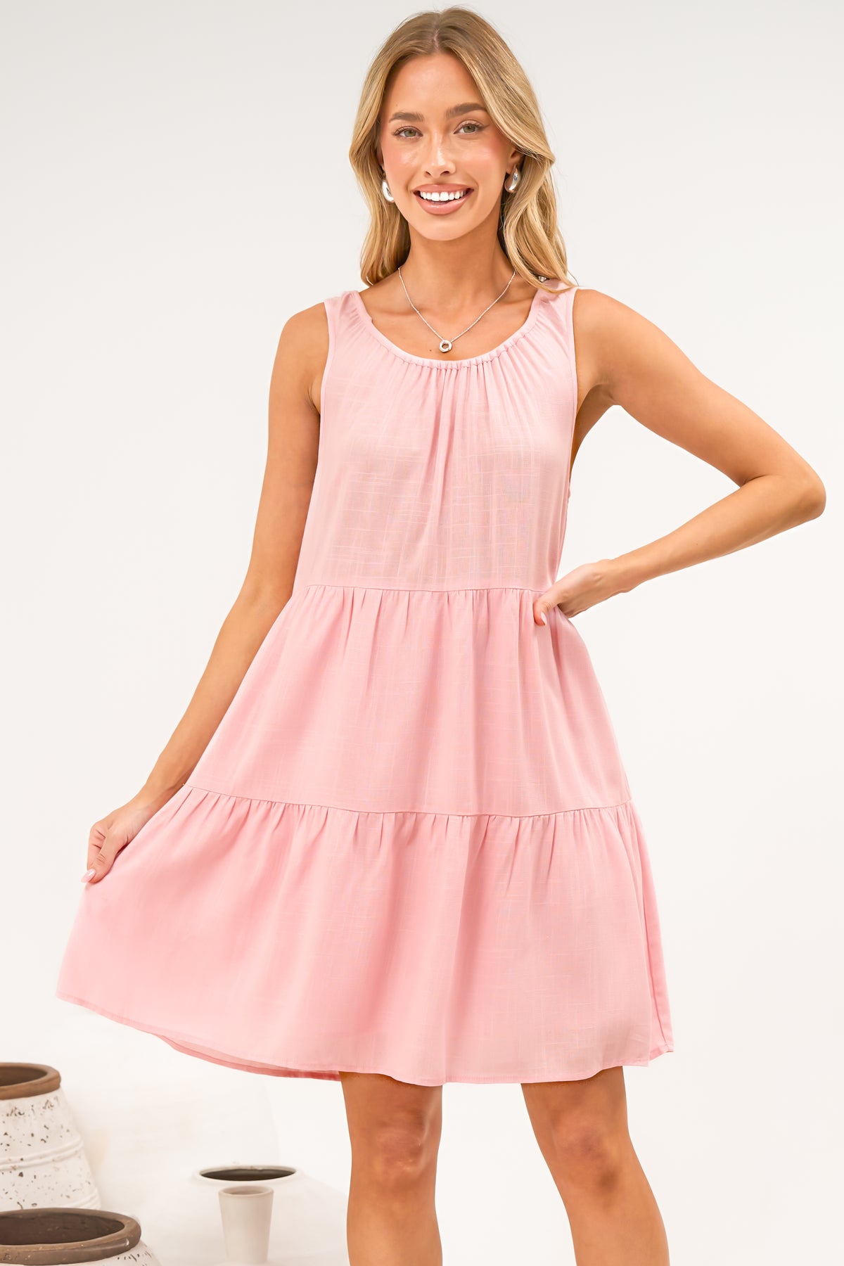 Stevie Mini Dress - Scoop Neck Tiered Sleeveless Dress with Pockets in Pink