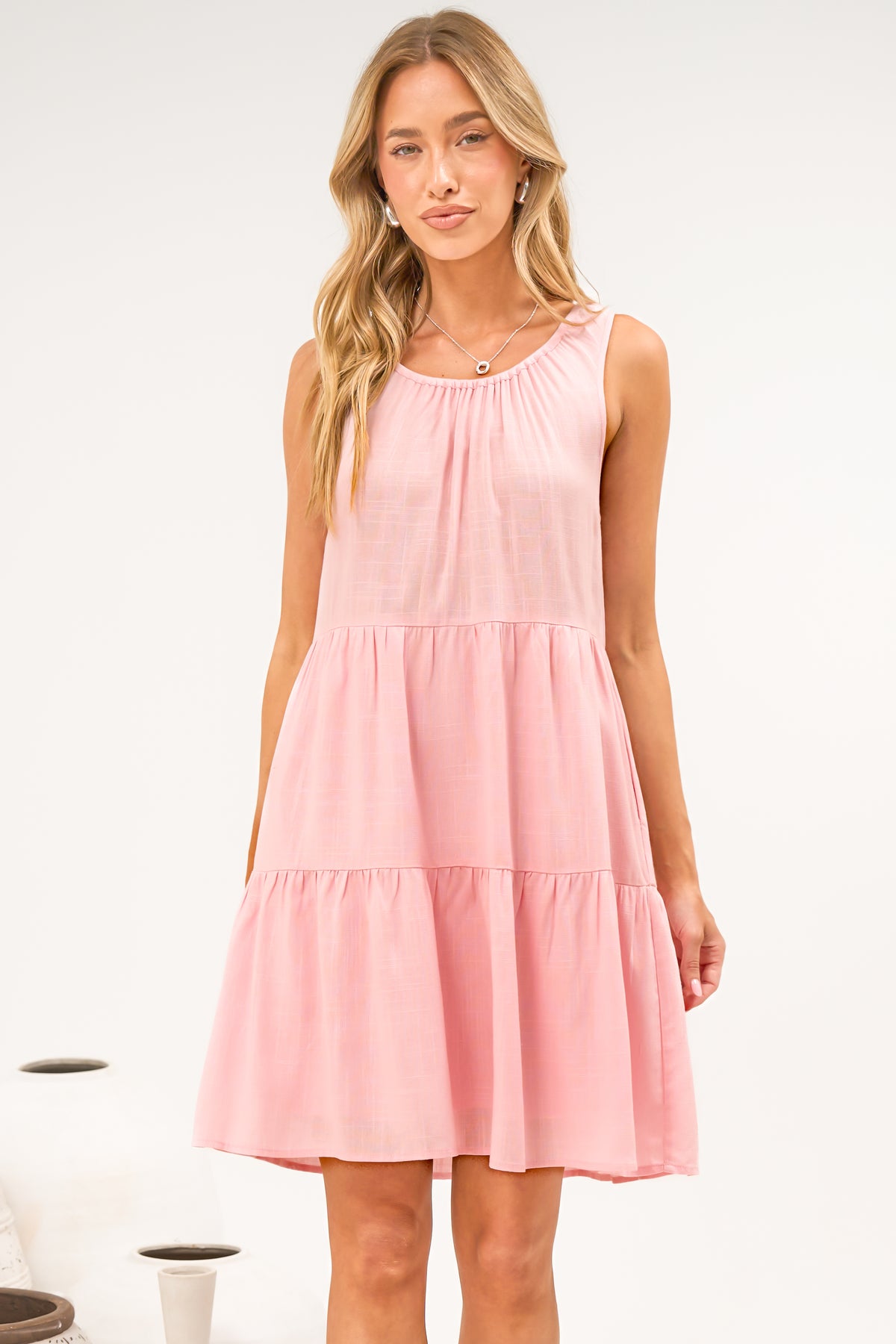 Stevie Mini Dress - Scoop Neck Tiered Sleeveless Dress with Pockets in Pink