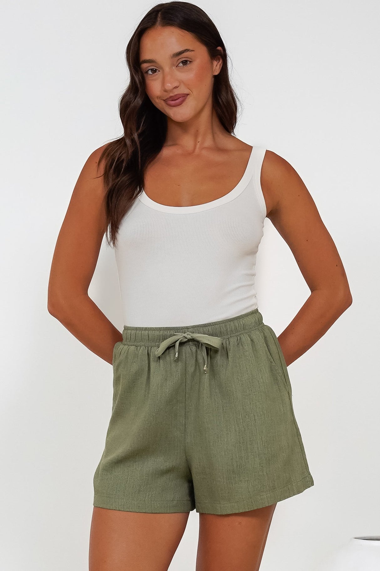 Stratton Shorts - Elasticated Tie Waist Shorts with Pockets in Khaki