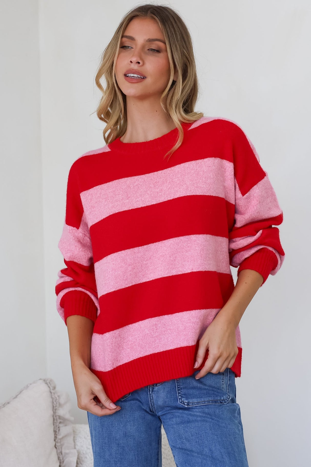 Sumner Jumper - Crew Neck Stripe Knit with Ribbed Hemlines in Red