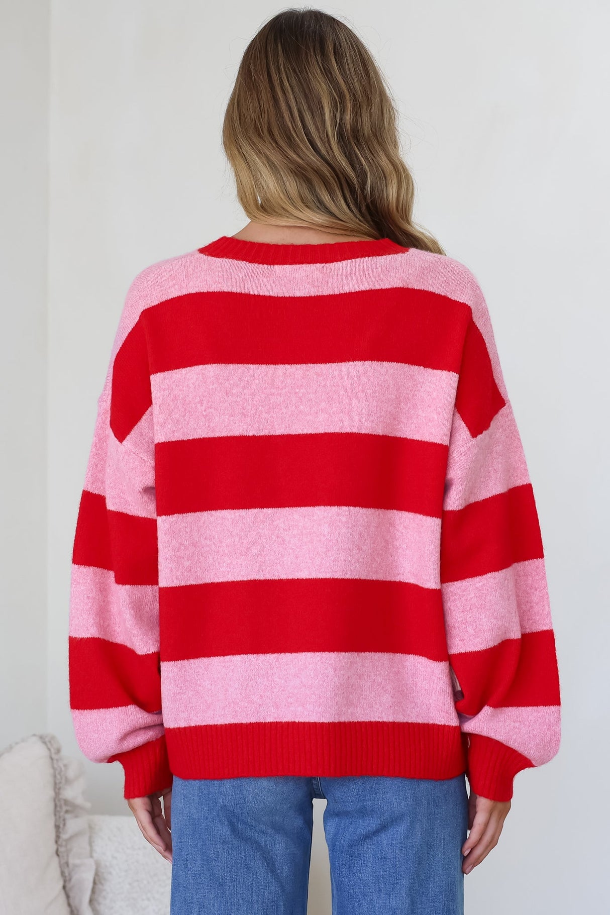 Sumner Jumper - Crew Neck Stripe Knit with Ribbed Hemlines in Red