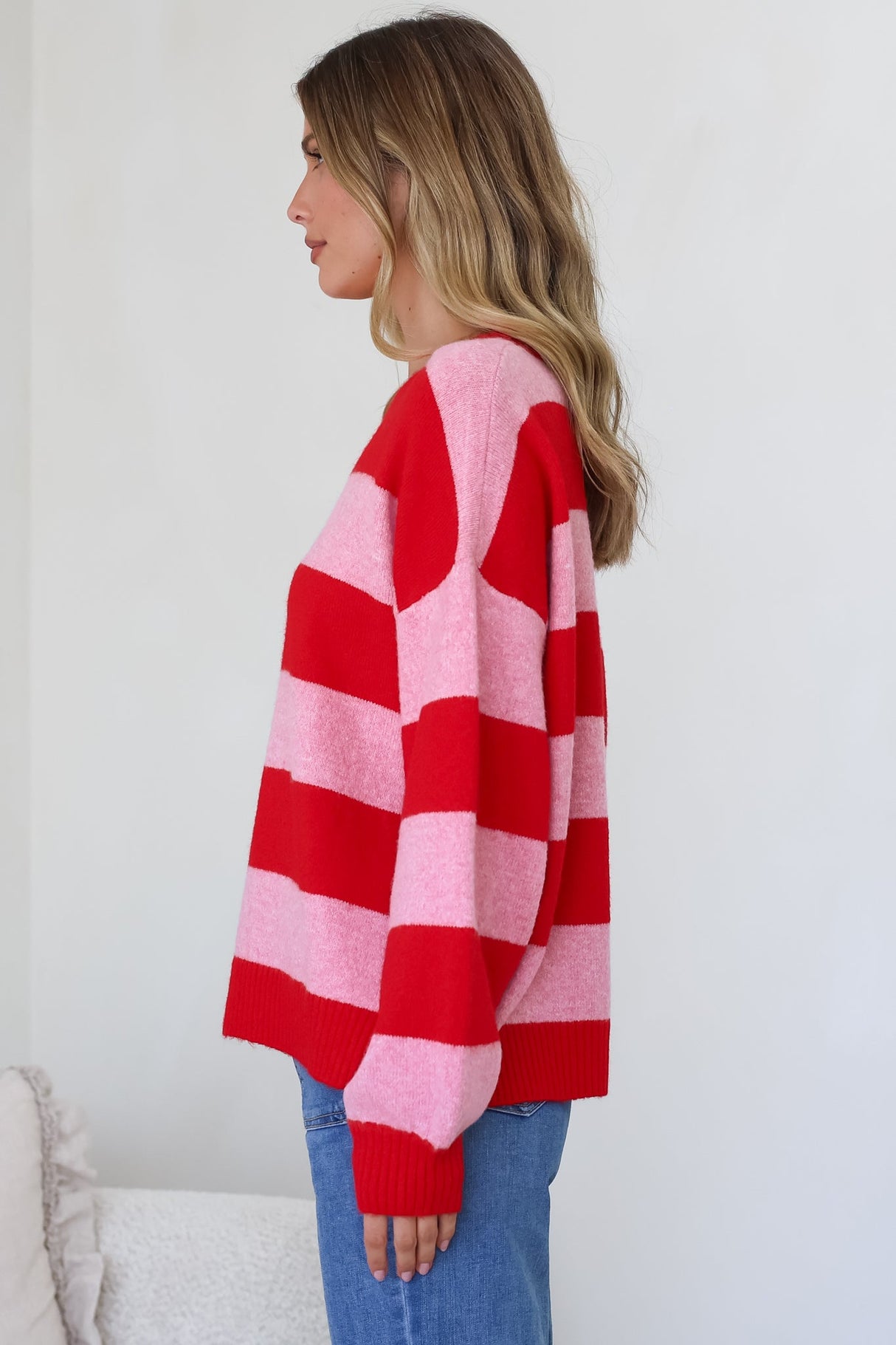 Sumner Jumper - Crew Neck Stripe Knit with Ribbed Hemlines in Red