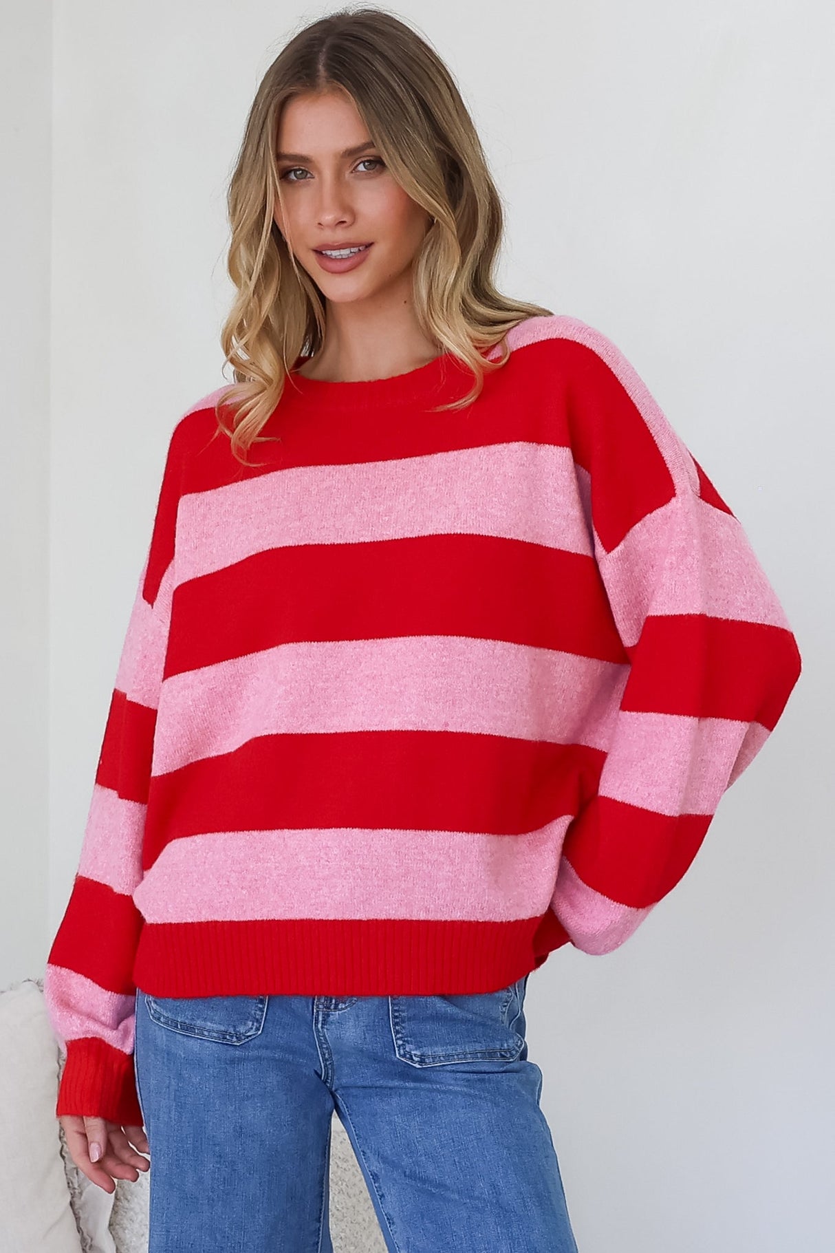 Sumner Jumper - Crew Neck Stripe Knit with Ribbed Hemlines in Red