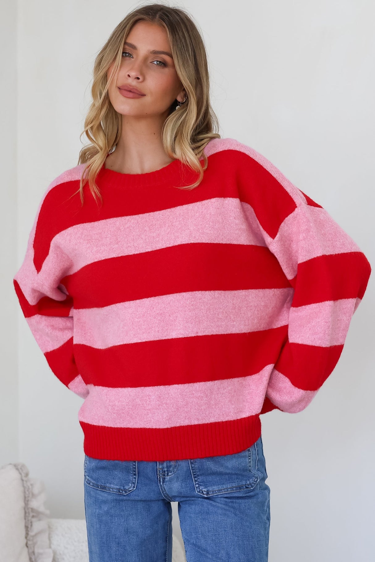 Sumner Jumper - Crew Neck Stripe Knit with Ribbed Hemlines in Red