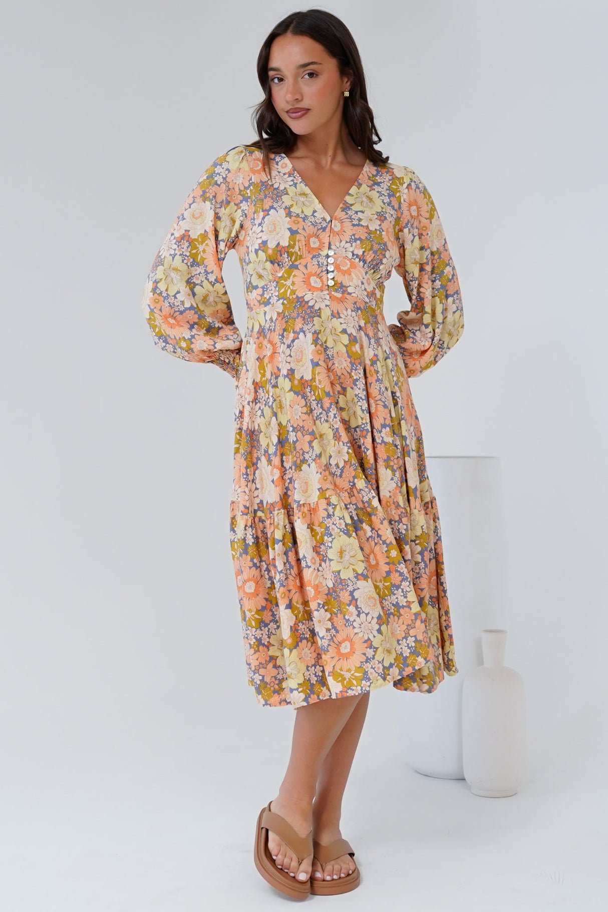 Suni Midi Dress - A-Line Dress with Tiered Skirt and Long Sleeves in Avianna Print