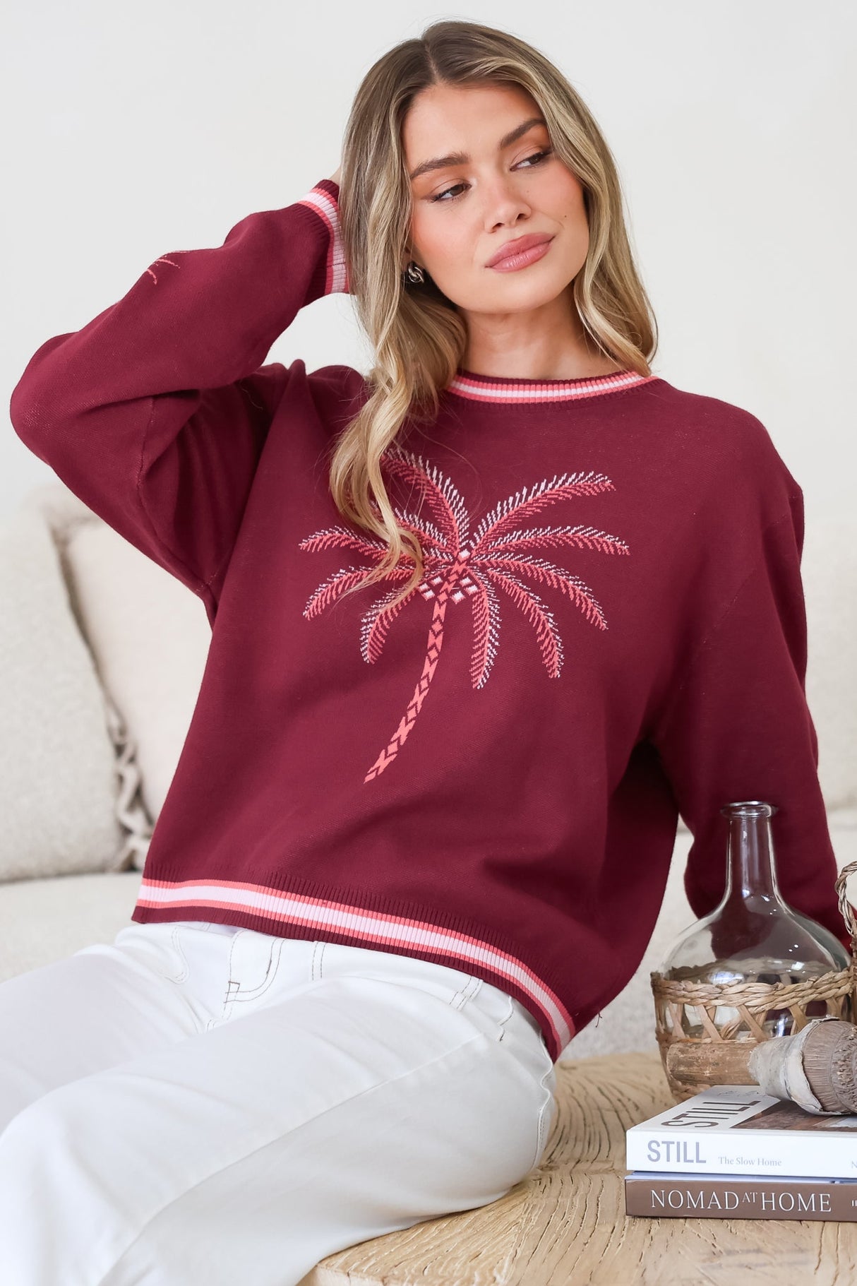 Sunnie Jumper - Crew Neck Palm Graphic Knit Jumper in Wine