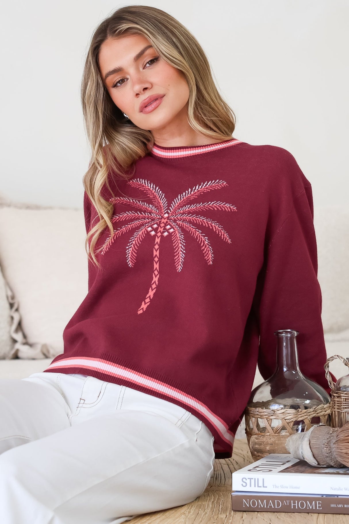 Sunnie Jumper - Crew Neck Palm Graphic Knit Jumper in Wine