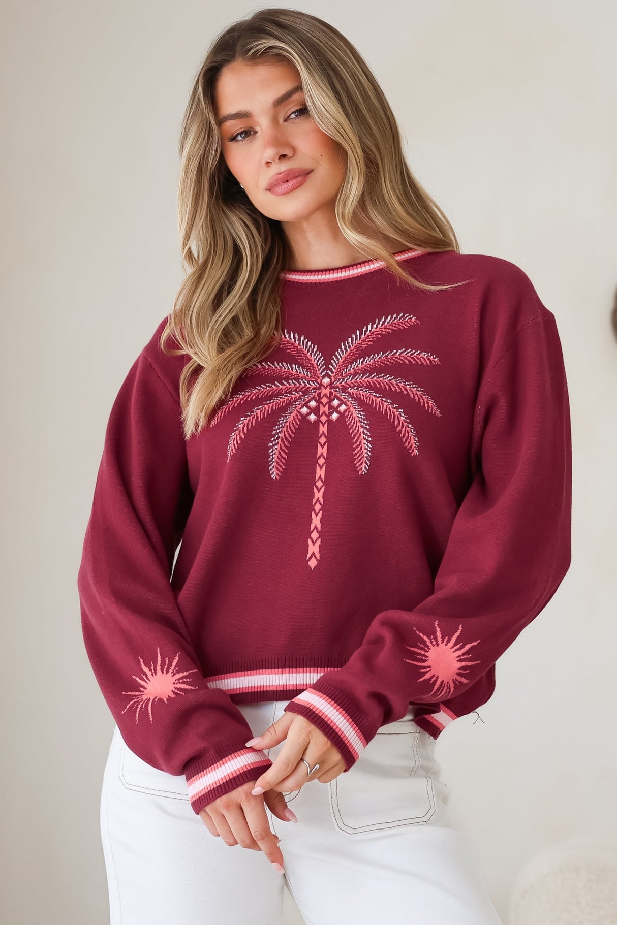 Model wearing Sunnie Jumper in Wine from Salty Crush