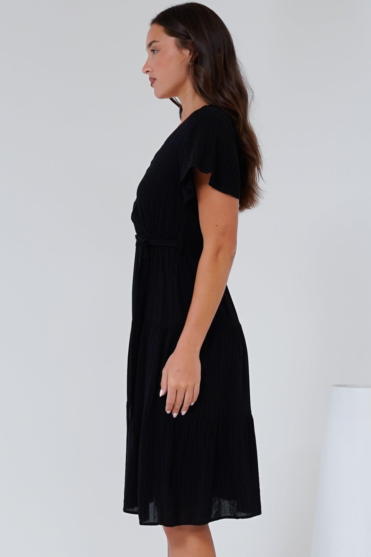 Susannah Mini Dress - V-Neck Flutter Sleeve A-Line Dress in Black