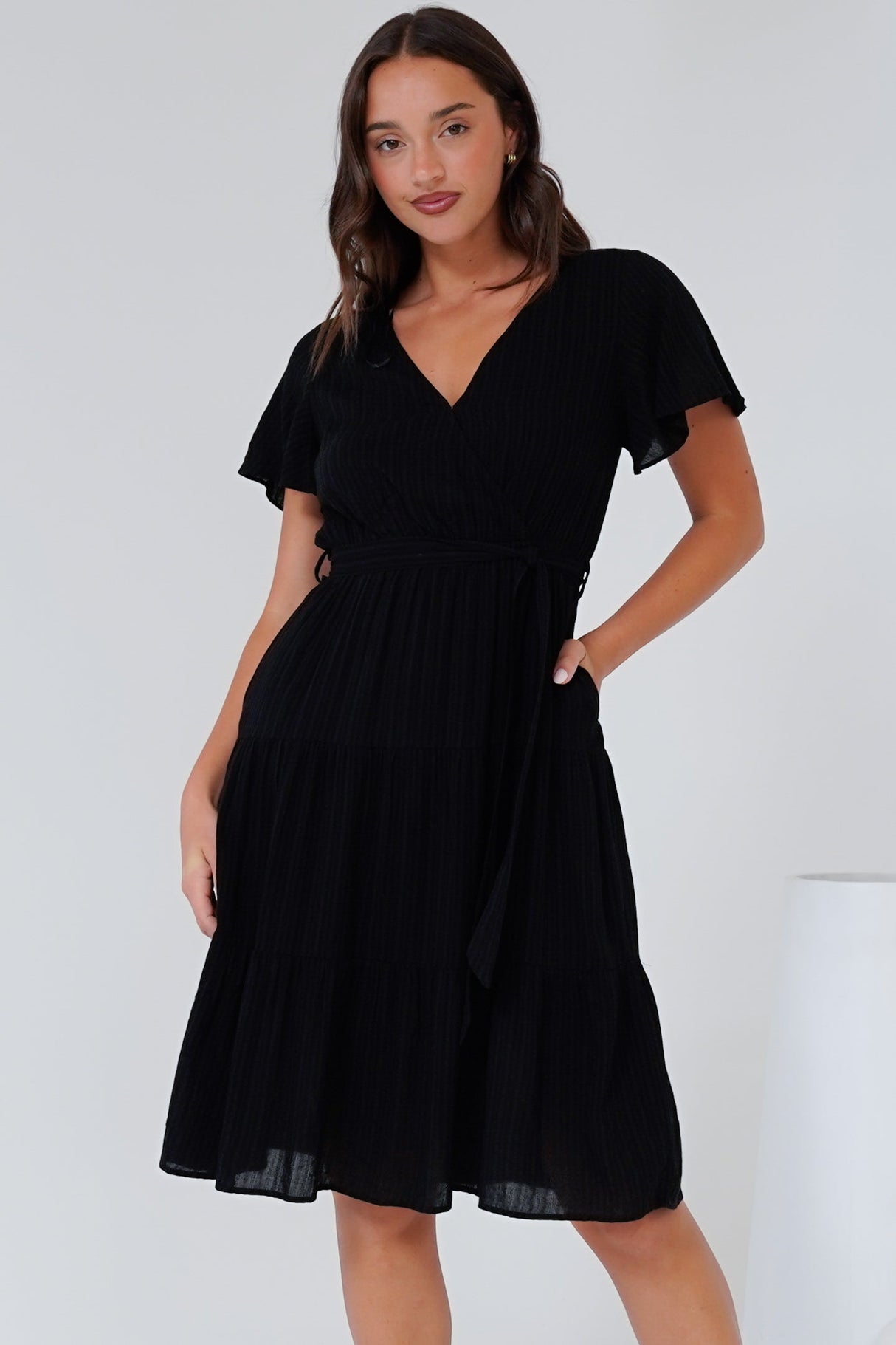 Susannah Mini Dress - V-Neck Flutter Sleeve A-Line Dress in Black