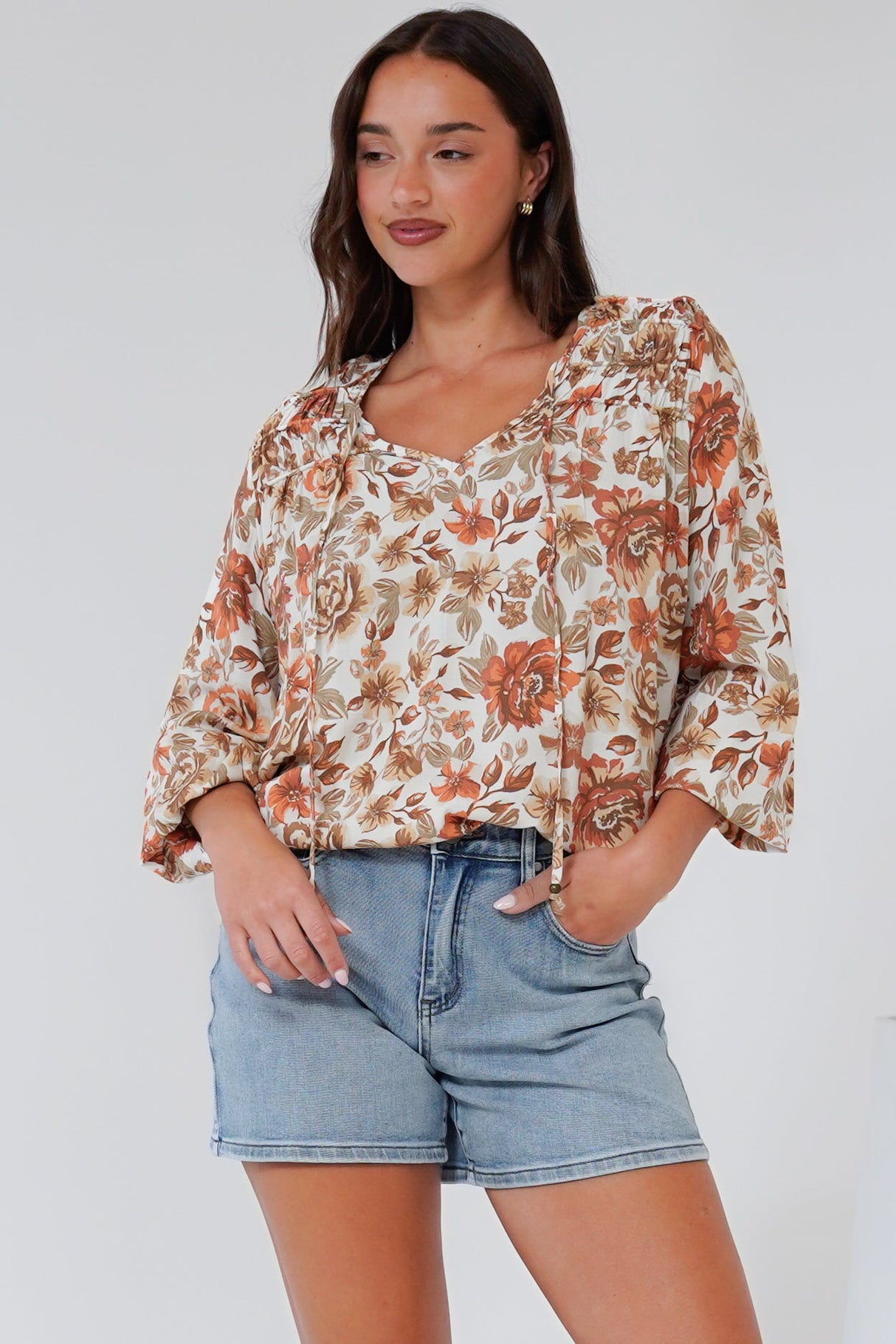 Suzi Blouse - Ruffled Shoulder Detailed Pull Over Top with Neck Tie in Zera Print