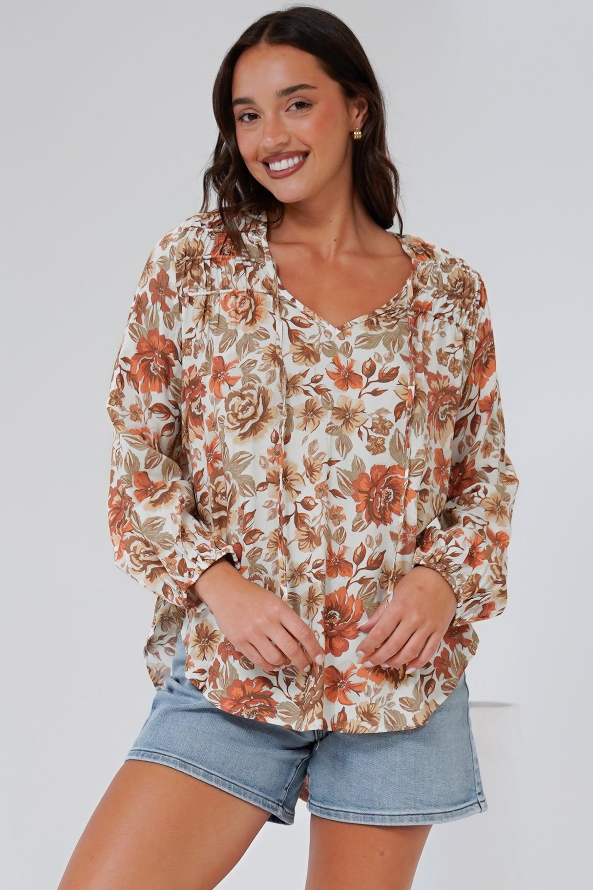 Suzi Blouse - Ruffled Shoulder Detailed Pull Over Top with Neck Tie in Zera Print