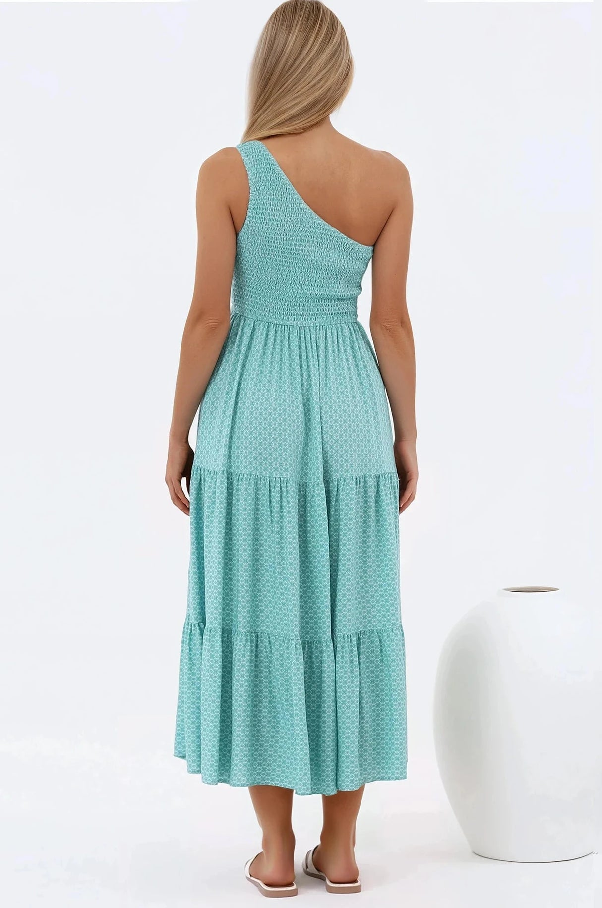 Suzzie Midi Dress - One Shoulder Elasticated Bodice Tiered Dress in Airin Print