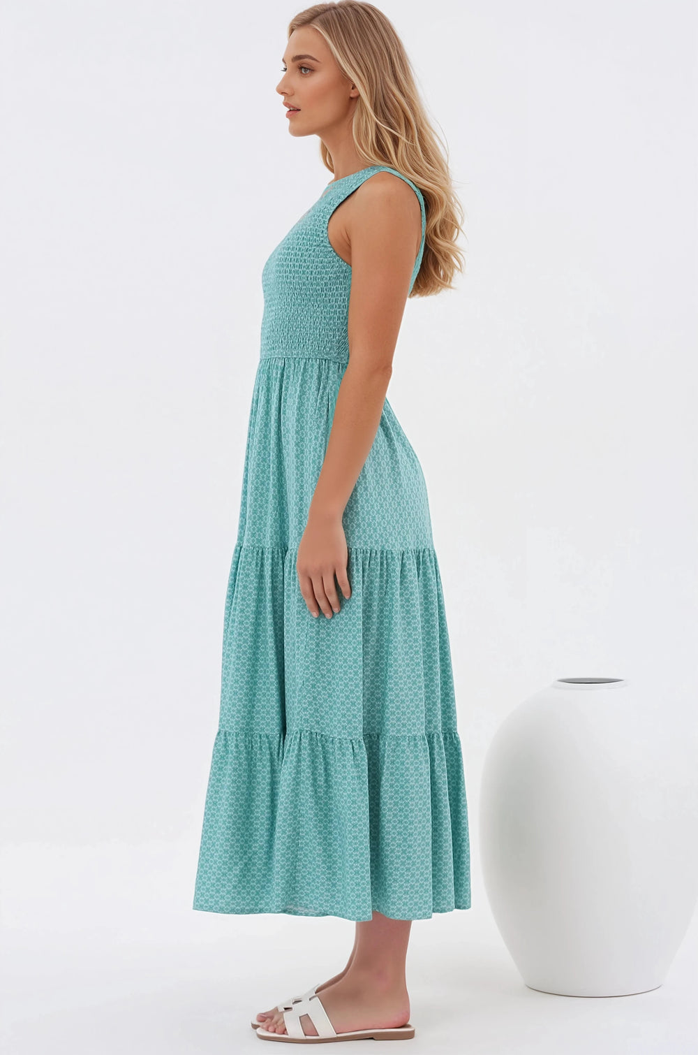 Suzzie Midi Dress - One Shoulder Elasticated Bodice Tiered Dress in Airin Print