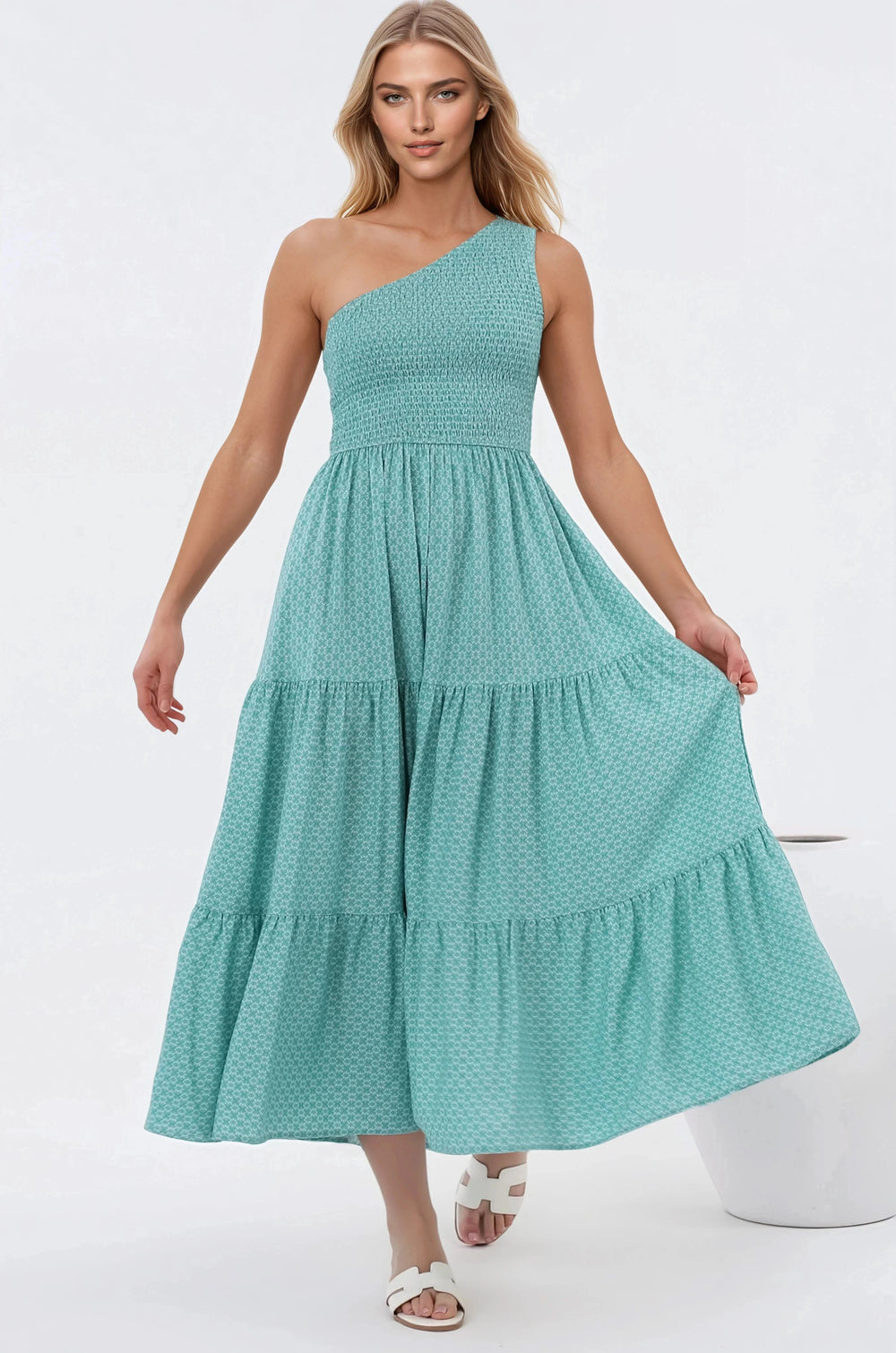 Suzzie Midi Dress - One Shoulder Elasticated Bodice Tiered Dress in Airin Print