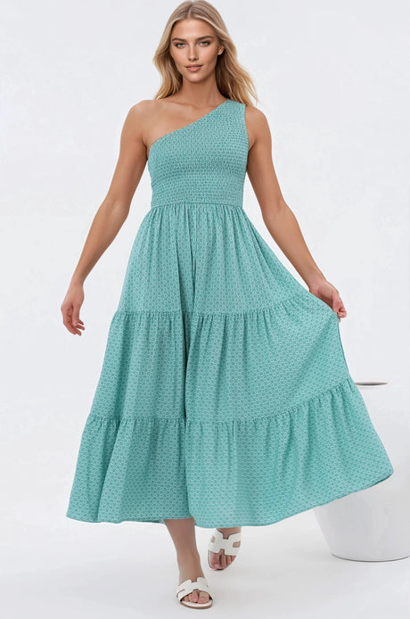 Suzzie Midi Dress - One Shoulder Elasticated Bodice Tiered Dress in Airin Print