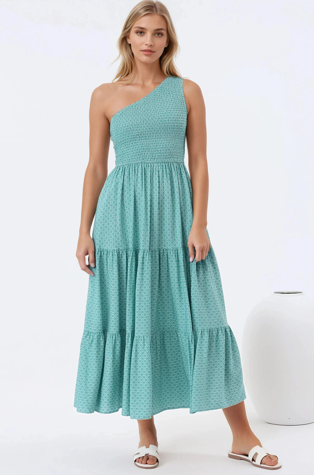 Suzzie Midi Dress - One Shoulder Elasticated Bodice Tiered Dress in Airin Print