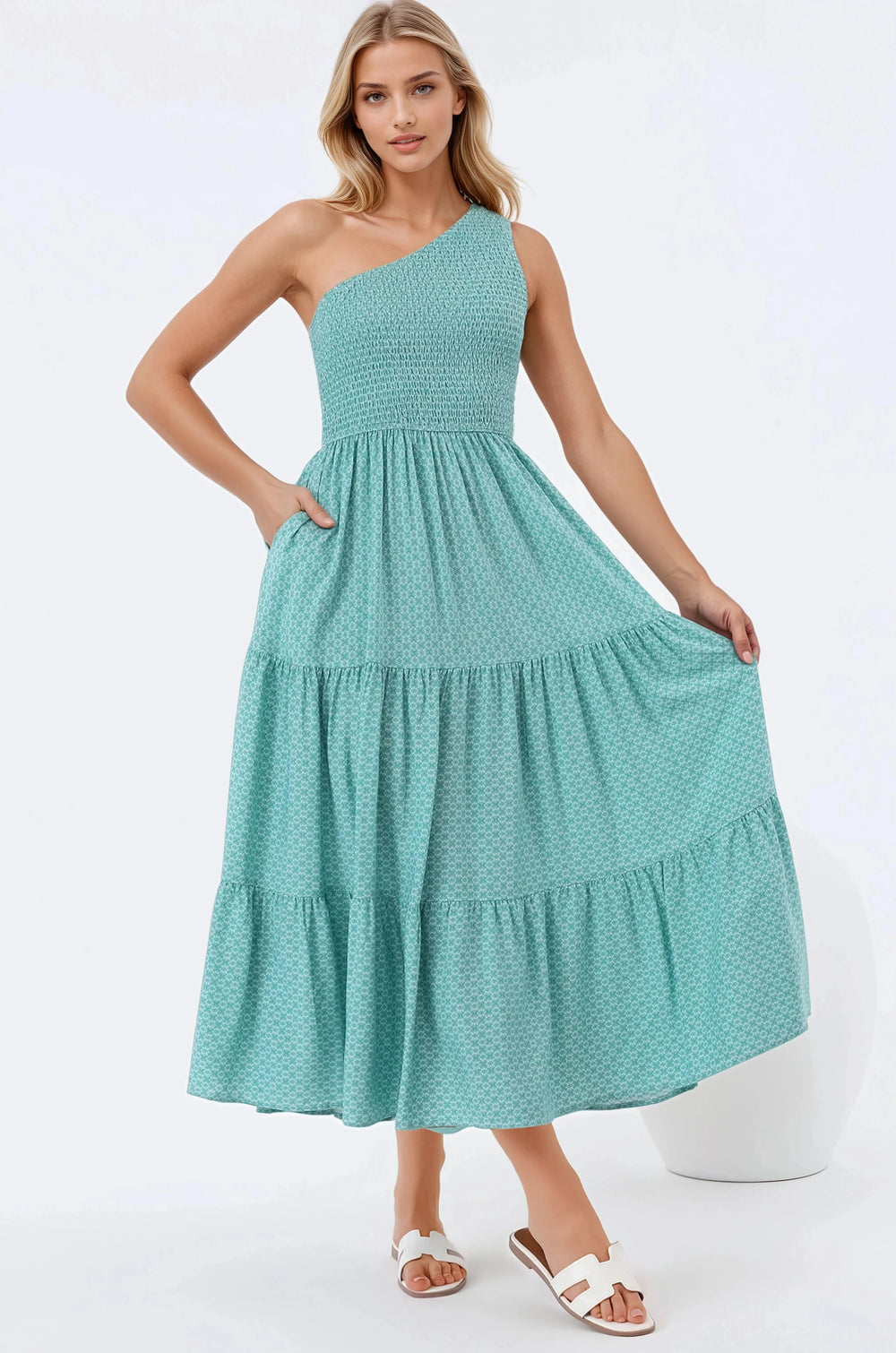 Suzzie Midi Dress - One Shoulder Elasticated Bodice Tiered Dress in Airin Print