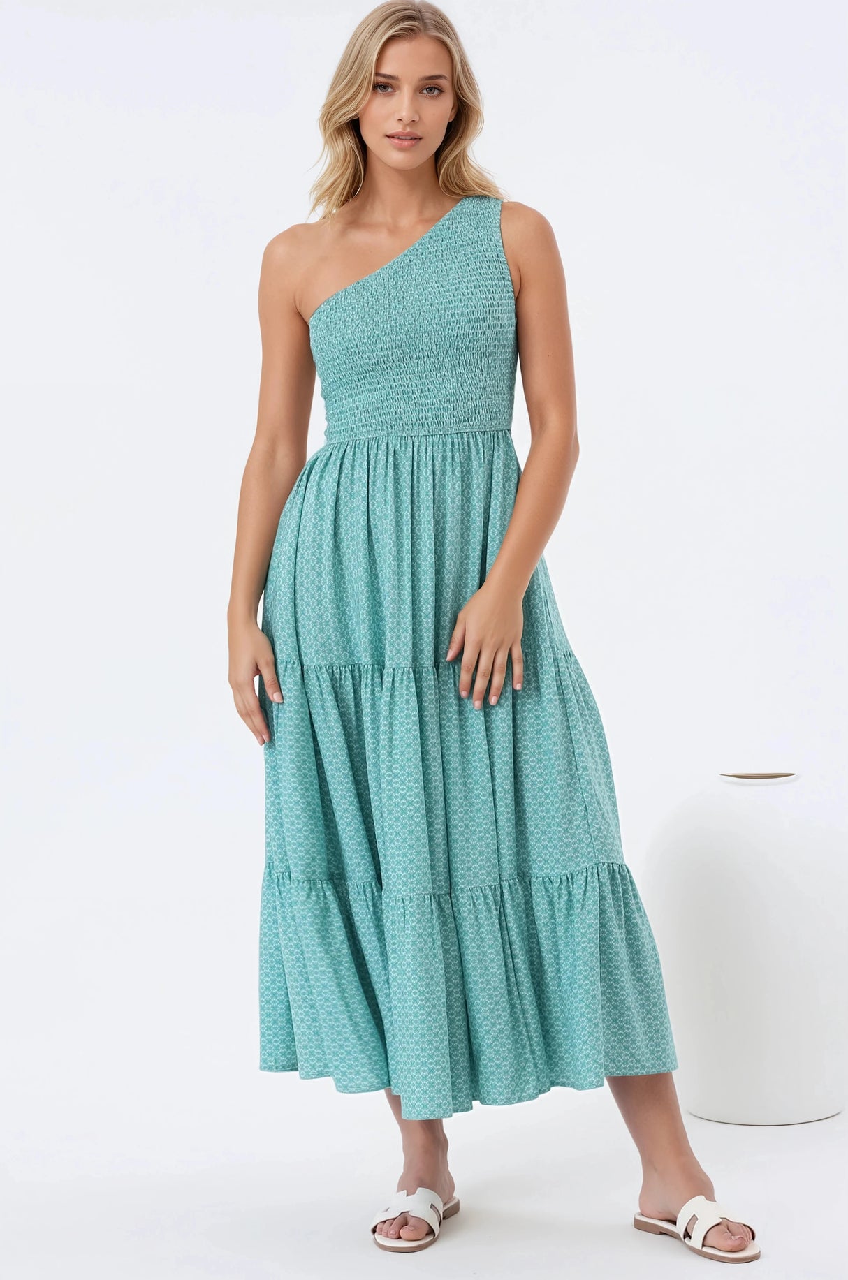 Suzzie Midi Dress - One Shoulder Elasticated Bodice Tiered Dress in Airin Print