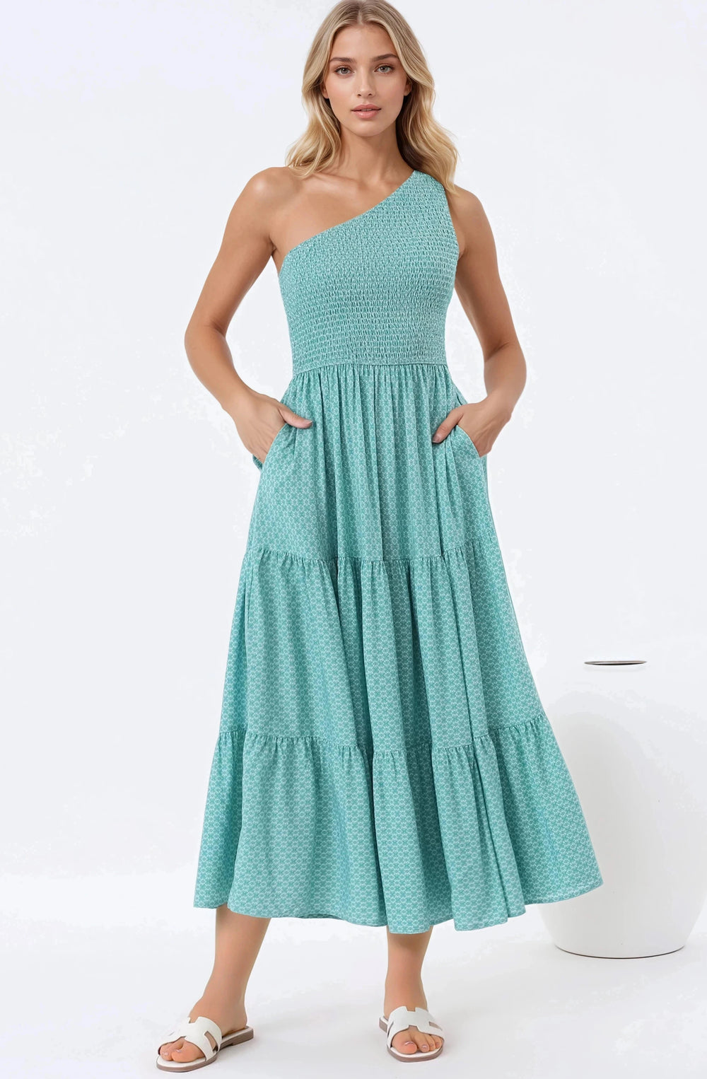 Suzzie Midi Dress - One Shoulder Elasticated Bodice Tiered Dress in Airin Print