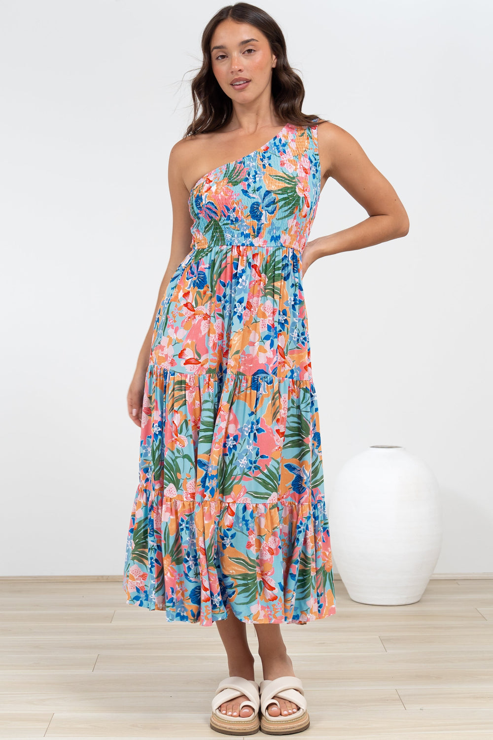 Suzzie Midi Dress - One Shoulder Elasticated Bodice Tiered Dress in Angelitta Print