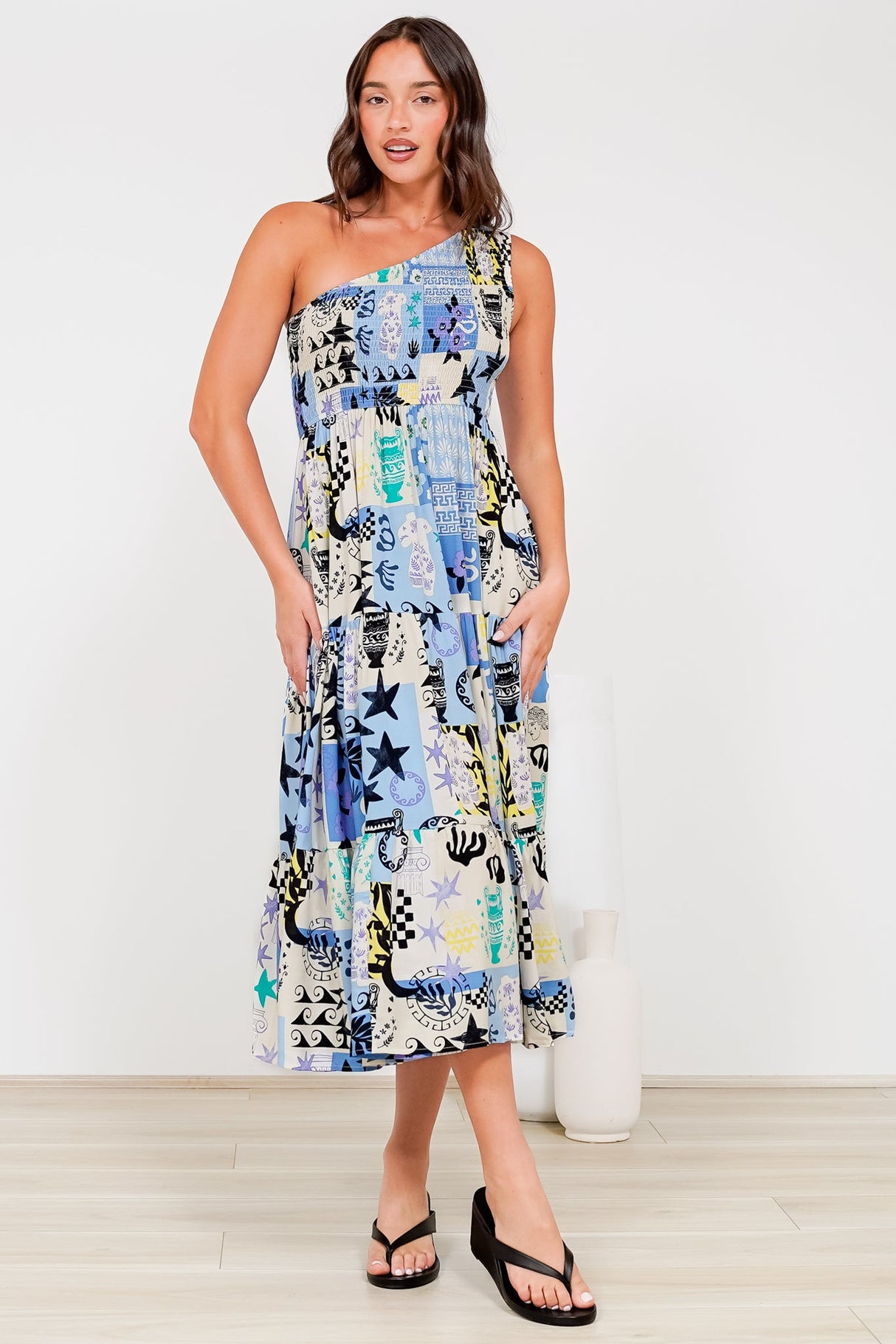 Suzzie Midi Dress - One Shoulder Elasticated Bodice Tiered Dress in Belma Print